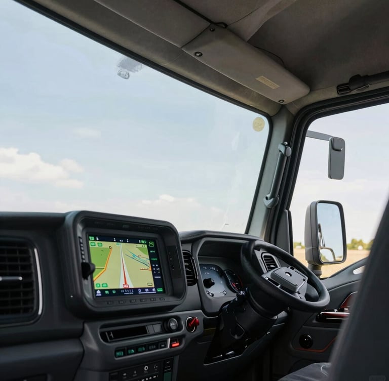 Close-up low-angle shot of a pristine heavy truck cabin with active GPS tracking screens glowing inside, crisp daylight.