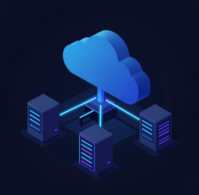 Sleek dark-mode vector illustration of a multi-region cloud architecture, glowing neon blue lines connecting servers, orthographic projection, dark background