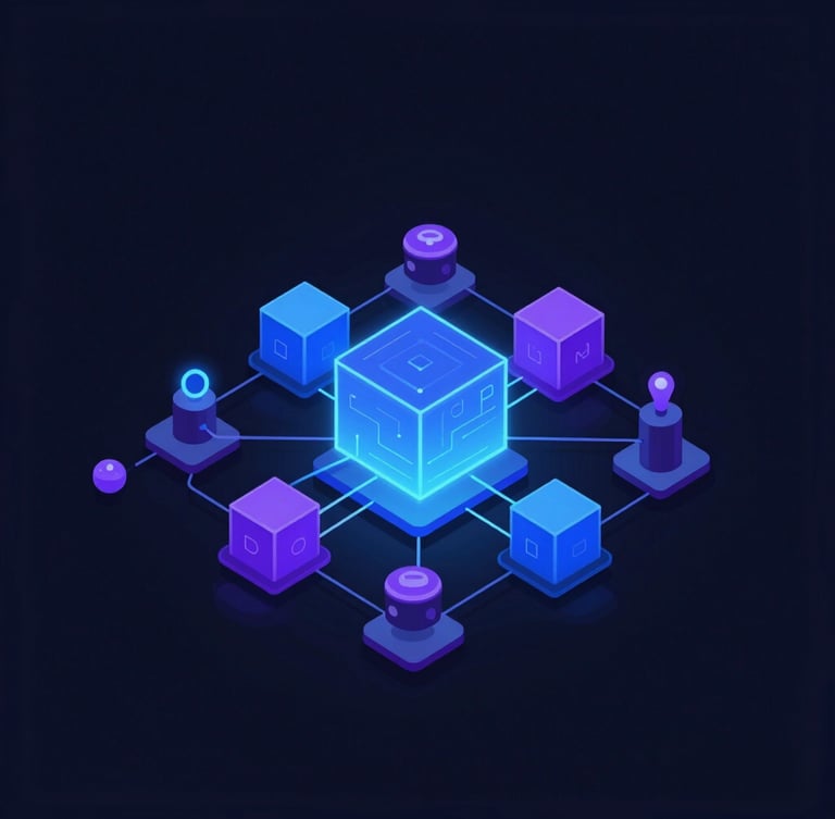 Sleek dark-mode vector illustration of a Kubernetes cluster schematic, glowing neon blue and violet accents, clean geometric data flows, sharp technical details, flat orthographic projection