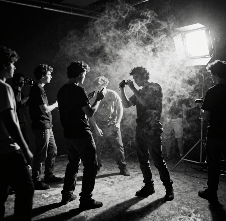 Behind-the-scenes film set chaos, raw studio key light cutting through smoke, heavy film grain, high contrast black and white.