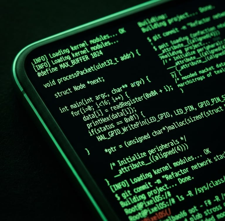 Macro close-up of a premium custom Android device screen showing a sleek, dark-mode terminal interface with neon green code lines, dramatic low-key studio lighting with green rim light, 35mm