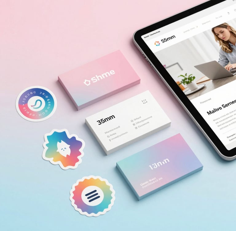 Flatlay of colorful business cards, custom stickers, and an iPad displaying a modern website mockup, bright studio lighting, soft pink and blue pastel background, 35mm