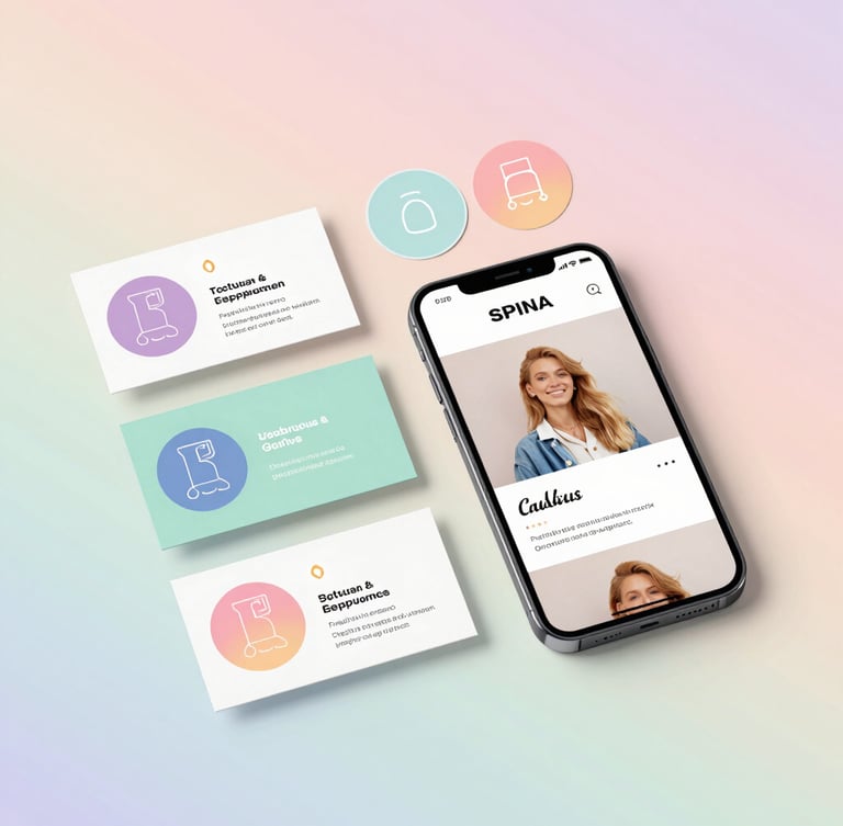 Flatlay of custom printed business cards, colorful round stickers, and a smartphone showing a matching modern website layout on a soft pastel gradient background.