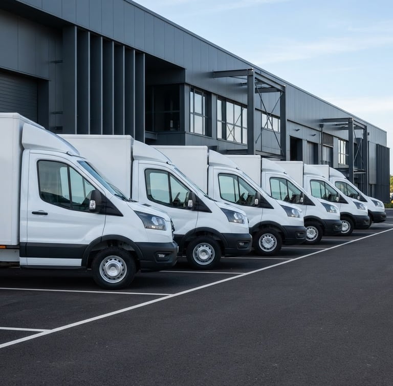 Sharp architectural crop of professional white fleet trucks parked in a perfect row outside a modern slate-gray commercial facility under bright natural daylight.