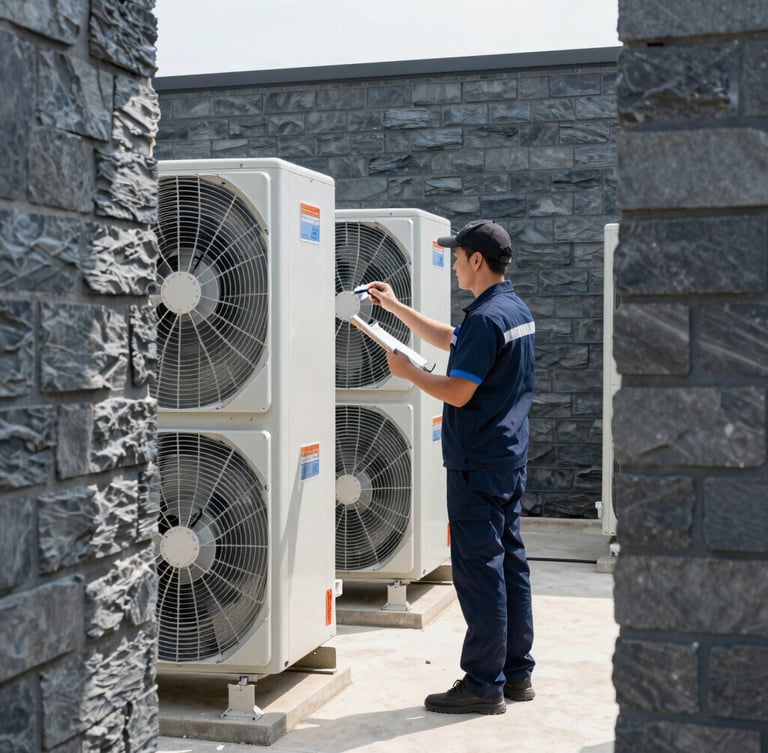 A professional facility manager in a clean uniform inspecting an outdoor commercial HVAC installation, bright natural daylight, slate tones, 35mm lens.