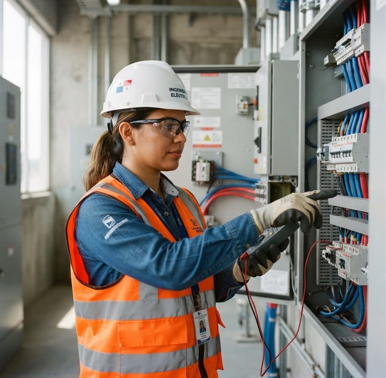 Portrait of a certified Panamanian engineer in a white hard hat and safety vest inspecting a modern electrical installation, bright natural daylight, clean blue and red accents, sharp focus, 35mm lens