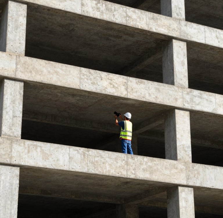 An engineer wearing a white hardhat and safety vest inspecting a concrete building structure under bright Panama sunlight, 35mm lens, sharp focus.