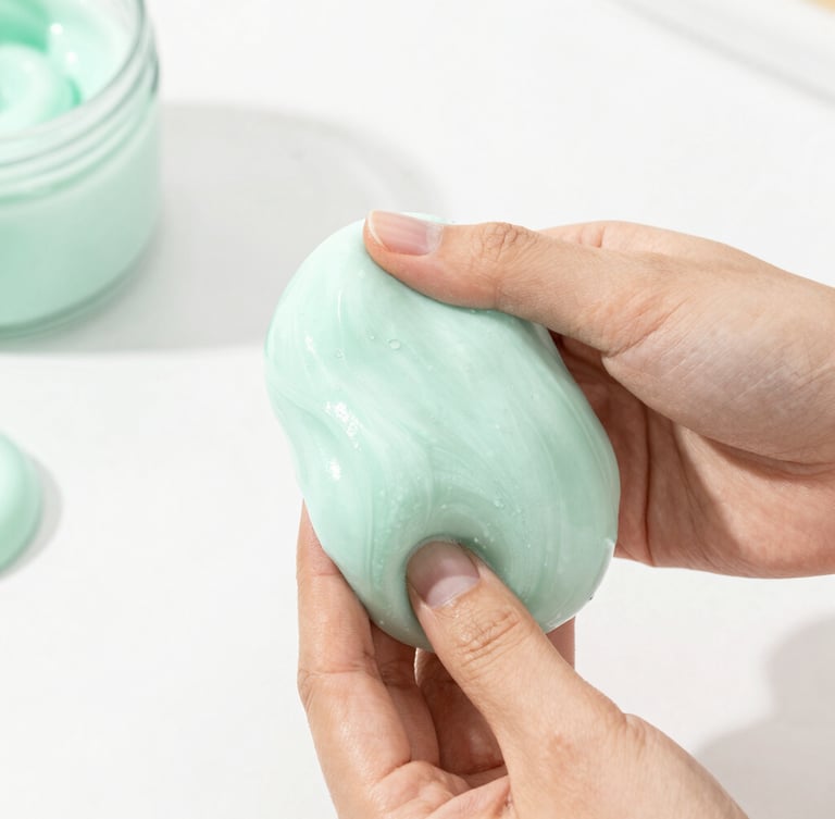 Bright high-key product photography of hands squishing pastel mint textured slime, soft natural daylight, clean minimalist styling