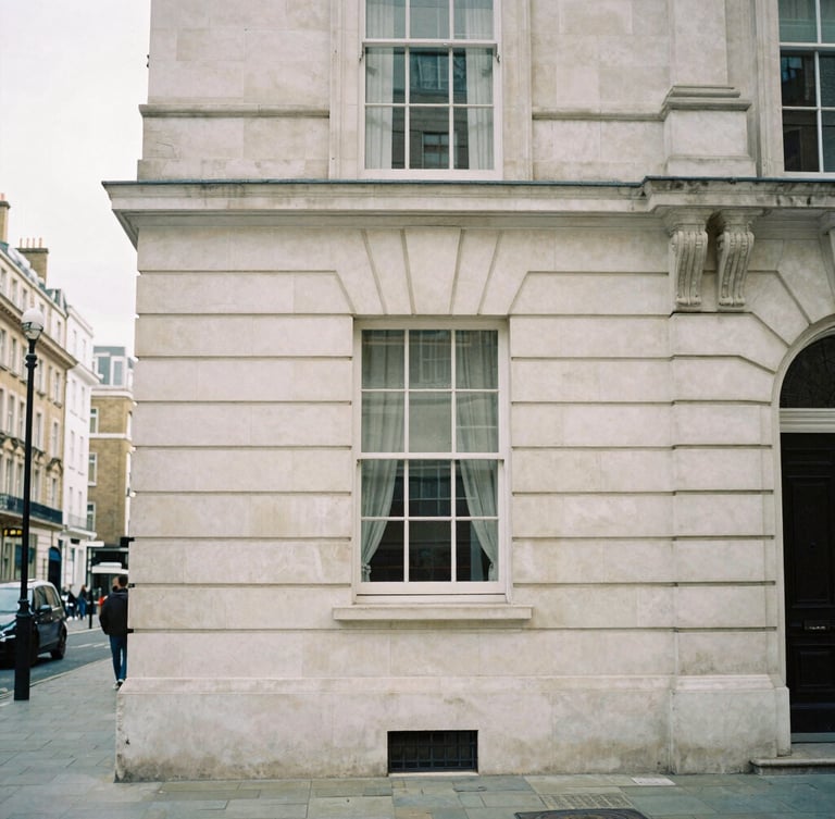 A minimalist London streetscape near Great Portland Street, quiet morning, soft overcast daylight, architectural stone details, 35mm film.