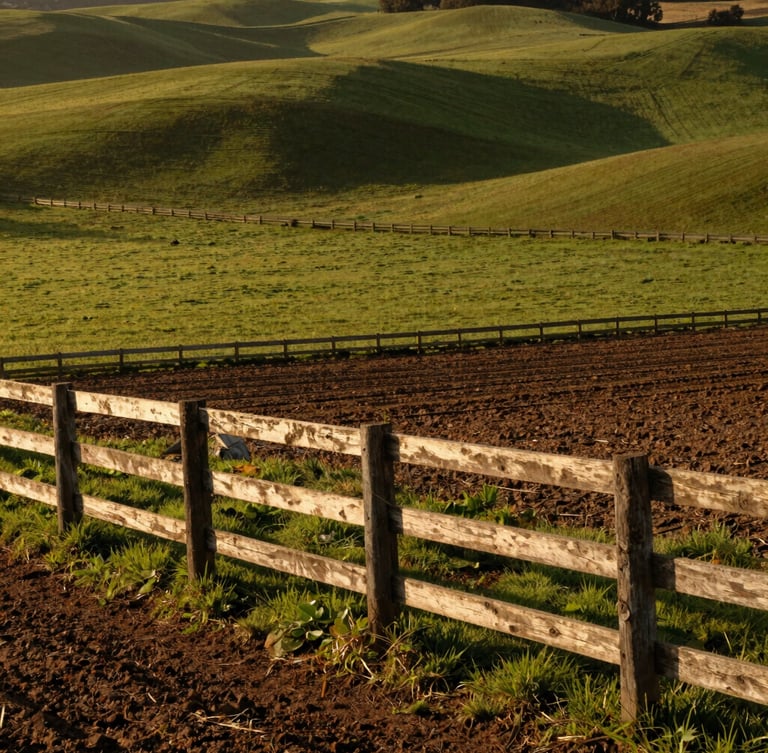 Wide environmental shot of rolling green pasture at golden hour, rustic wooden fence line in the foreground, rich soil textures, 35mm photography