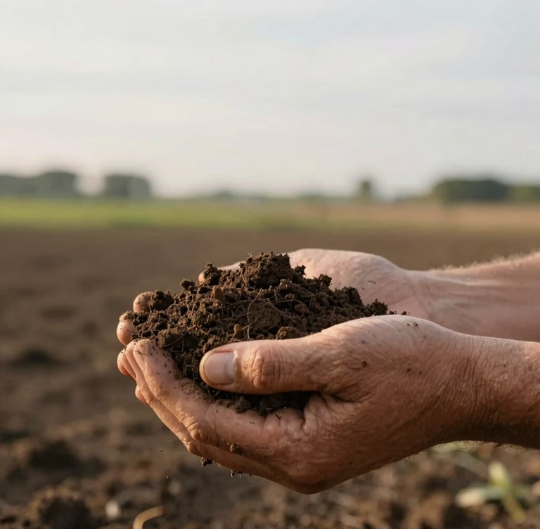 Close-up tactile detail of rich dark soil held in a farmer's hands, soft natural overcast daylight, focus on soil texture