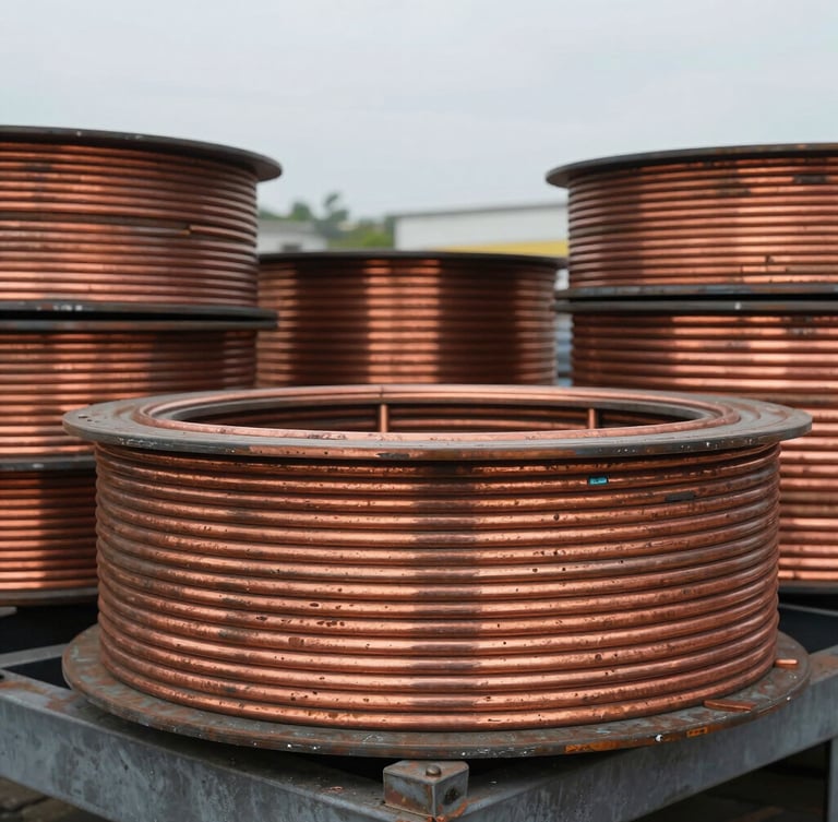 Close-up of weathered copper wire coils stacked on an industrial scale in an outdoor recycling yard, natural overcast daylight, raw metallic textures.