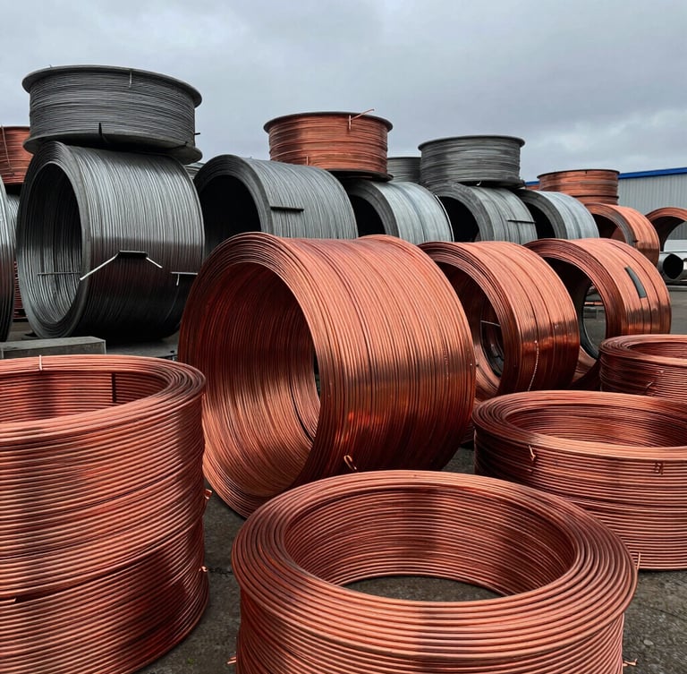 Close-up of sorted copper wire coils and heavy metallic scrap piled in an industrial yard, overcast natural daylight, 35mm lens