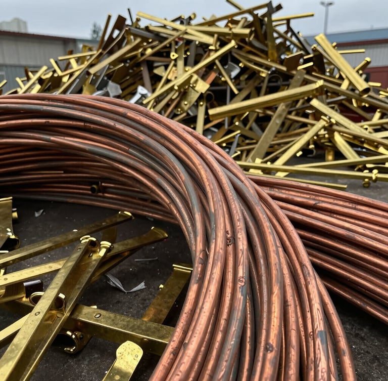 Close-up of raw copper cables and sorted brass scrap piled in an industrial metal recycling facility, daylight
