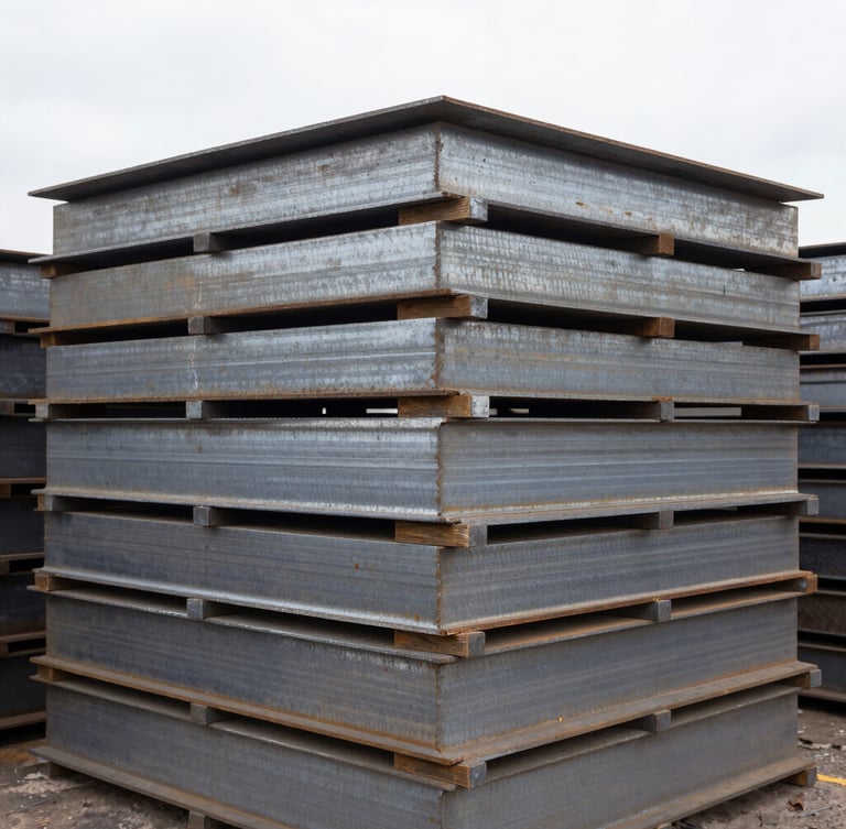 Close-up of heavy industrial scale with stacked steel plates, natural overcast daylight, industrial documentary photography