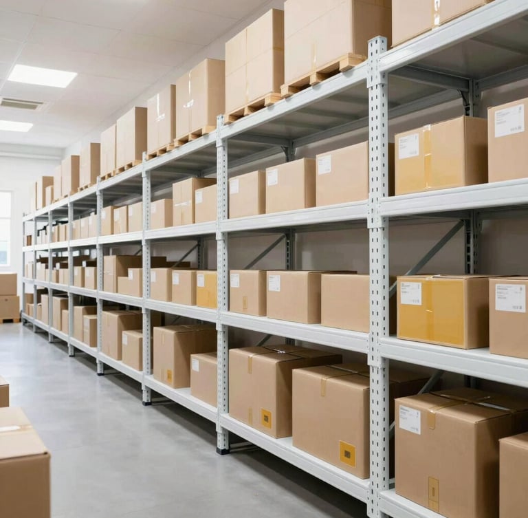 Wide-angle bright daylight editorial photograph of a clean, highly organized modern logistics warehouse, white shelves, structured packaging boxes, soft natural light, 50mm lens