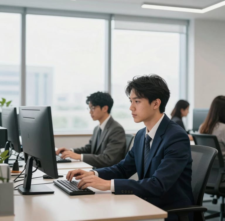 Professional corporate photography of a modern, clean office environment in Ampang, bathed in bright natural daylight, with a focused team member at a digital workspace, clean navy and grey tones, sharp focus, 35mm lens