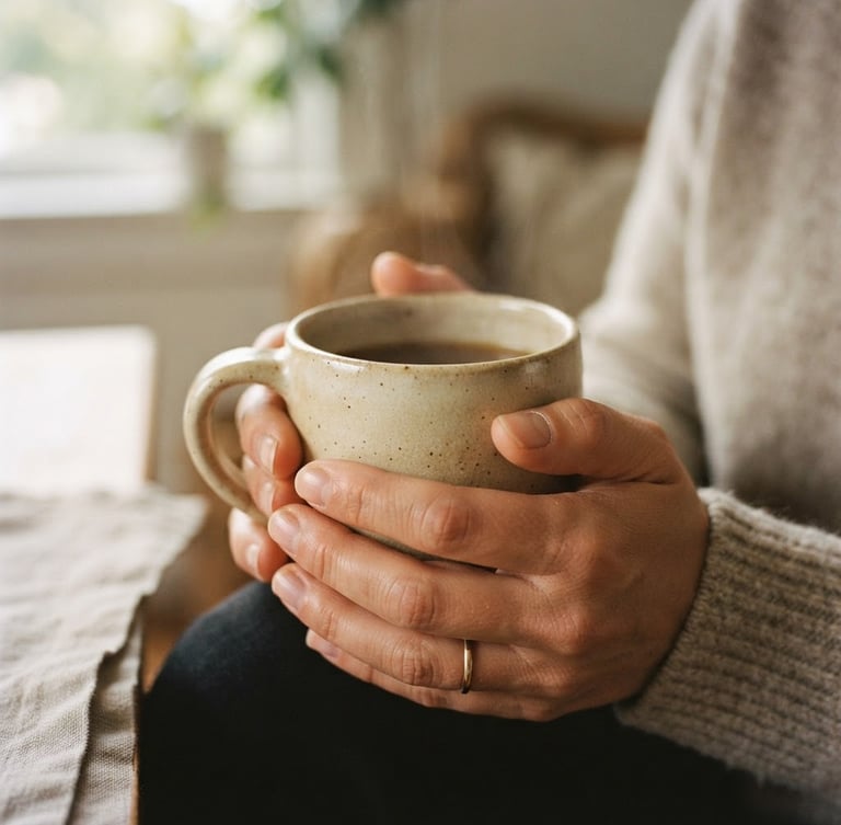 A close-up of hands holding a warm ceramic mug in diffused morning light, soft sand tones, shallow depth of field, 35mm warm editorial photography style