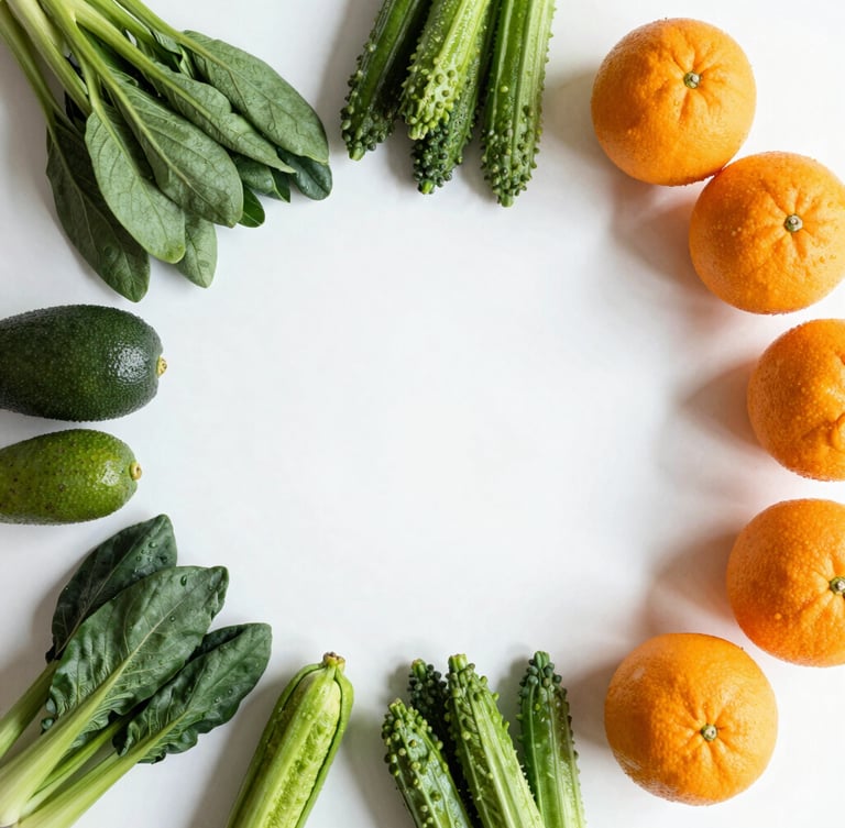 Overhead flat-lay of clean nutrition, fresh whole foods, vibrant green vegetables, and orange citrus fruits on a bright white counter, natural morning daylight.