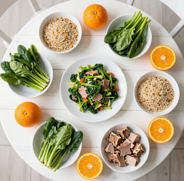 An overhead flat-lay of a colorful, fresh family meal on a white wooden table, featuring ripe oranges, green leafy vegetables, whole grains, and clean protein, bright natural morning daylight.