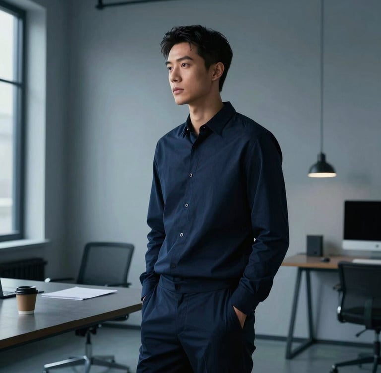 Sleek editorial portrait of a disciplined male creator in a modern minimalist Chicago loft, cool dramatic side lighting, deep navy and steel blue tones, 35mm lens.