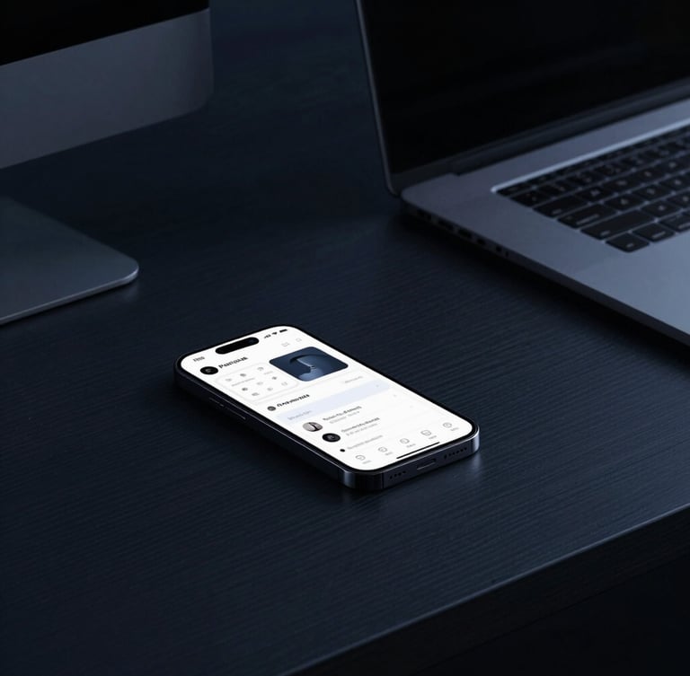 Sleek editorial photography of a minimalist workspace, cool low-key lighting, deep navy and steel blue tones, a smartphone displaying a productivity dashboard on a dark oak desk, 35mm lens.