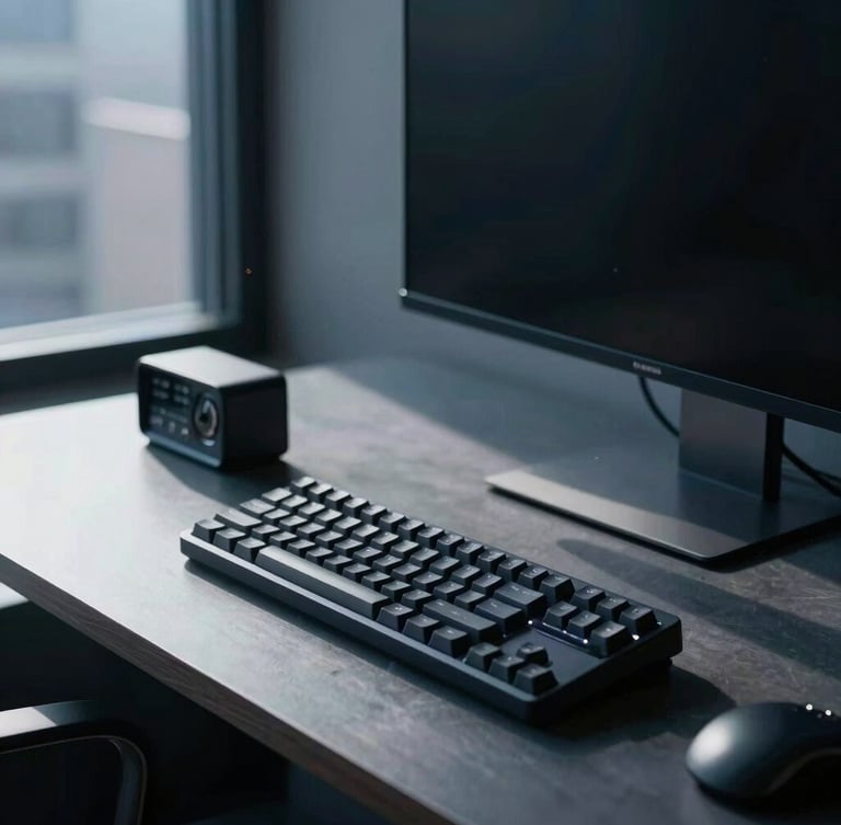 Sleek architectural crop of a minimalist steel-and-glass Chicago workspace, morning light casting long shadows on a mechanical keyboard and analog timer, 35mm photography.