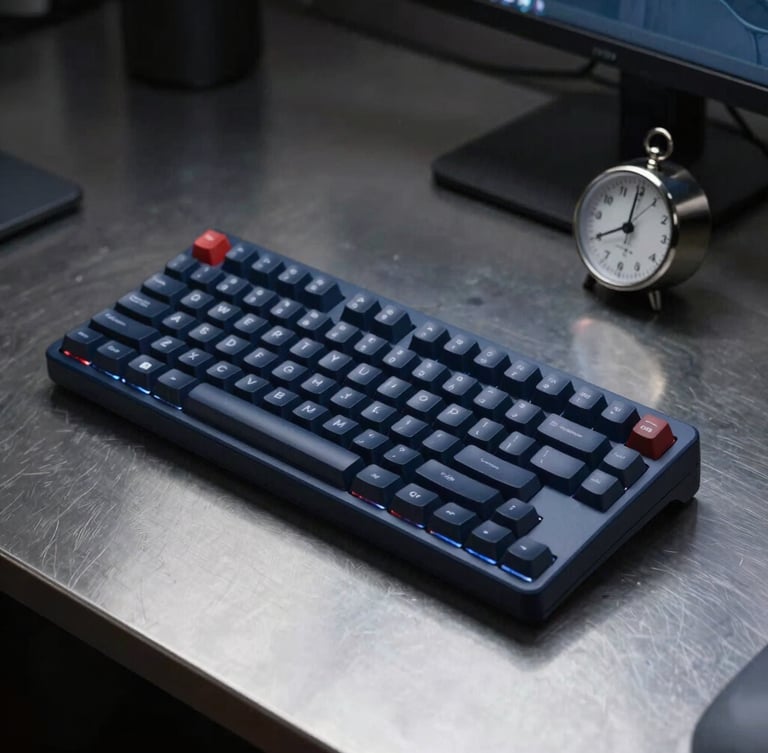 Sleek editorial photography of a clean mechanical keyboard and an analog metal timer on a dark steel desk, cool low-key lighting, deep navy tones, 35mm lens.