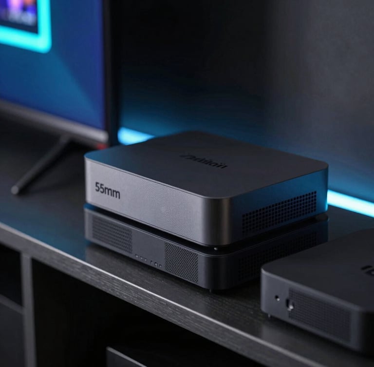 Dark-mode tech photography of physical Android TV boxes and streaming sticks stacked on a metal rack in an atmospheric dark room with neon screen-glow reflections, macro lens, sharp focus, 35mm