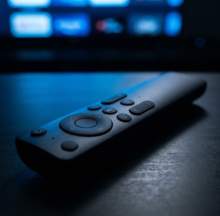 Macro shot of a sleek Android TV remote resting on a dark surface, glowing electric blue screen out of focus in the background, neon reflections, 35mm.