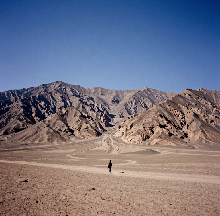 A wide, high-contrast atmospheric landscape of Central Asian desert mountains under a harsh midday sun, a lone traveler walking along a dusty, unmapped route in the lower third, 35mm film grain