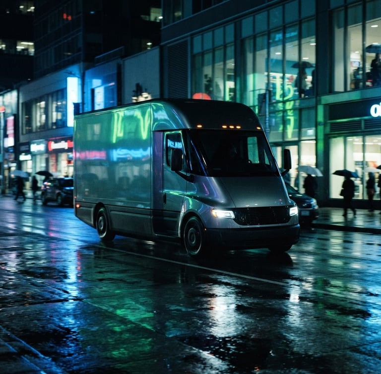 Cinematic wide angle of a sleek modern electric delivery truck driving through a wet city street at night, neon blue and cyber lime ambient glows reflecting on the metallic surface, high contrast, 35mm lens