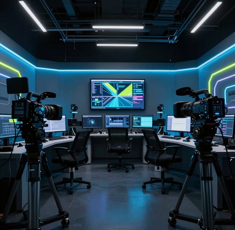 Cinematic wide angle, high-tech multimedia studio setup with glowing neon blue and cyber lime ambient lights, professional cameras, and editing screens, moody atmospheric editorial photography, 35mm lens