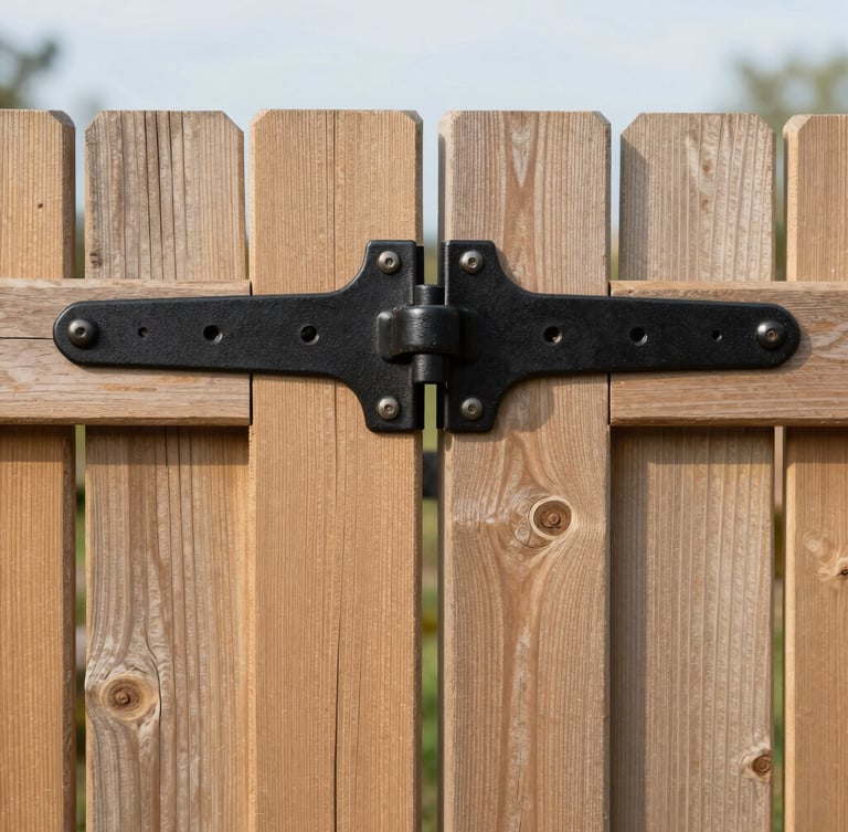 Close-up of heavy-duty black powder-coated gate hardware on a wooden fence, showing robust hinges and latch mechanism, under bright morning daylight.