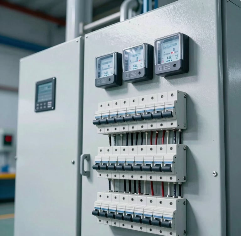 Close-up of a modern industrial electrical distribution board with clean wiring, circuit breakers, and digital power meters, sharp architectural lighting, cool blue tones.