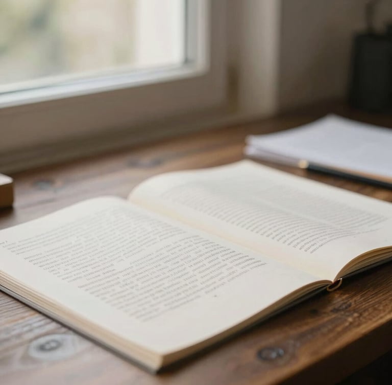 Gros plan éditorial sur des documents juridiques annotés à la main, posés sur un bureau en bois sombre, lumière naturelle douce venant d'une fenêtre latérale, tons marine et crème, profondeur de champ très faible.