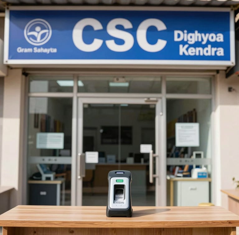 Straight-on eye-level shot of the Gram Sahayta Kendra storefront in Dighal, bright natural daylight, showing the official blue CSC banner, clean glass door, and a biometric fingerprint scanner resting on a wooden counter.