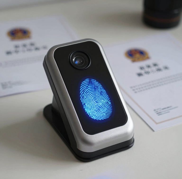 A close-up of a modern biometric fingerprint scanner glowing with a blue light on a clean desk, official government certificates visible in the soft-focus background.