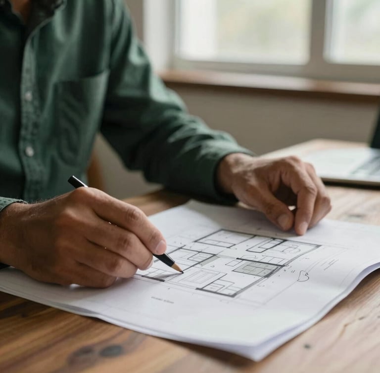 Close-up of hands (a Mexican individual) reviewing architectural plans for a home renovation on a wooden table, with a soft, warm light coming from a window. Editorial corporate photography, soft natural window light, muted deep green and gray tones, shallow depth of field, 35mm.