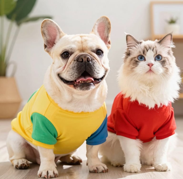 A cheerful French bulldog and a fluffy cat sitting together, wearing vibrant custom-tailored colorful shirts, bright editorial pet photography, warm natural daylight, shallow depth of field.