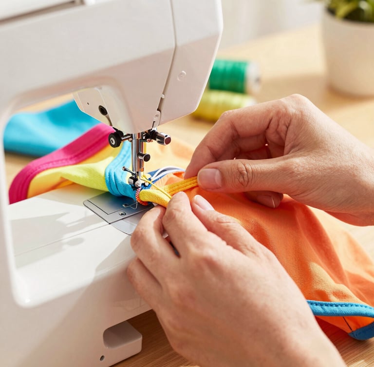 Close-up of hands carefully stitching a colorful pet shirt on a sewing machine, warm natural daylight, vibrant fabrics in background, 50mm