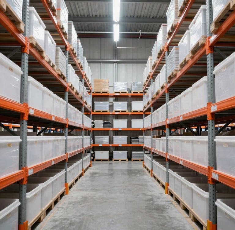 Straight-on eye-level shot of organized warehouse shelves with clean industrial daylight, orange accents on storage bins, 35mm lens