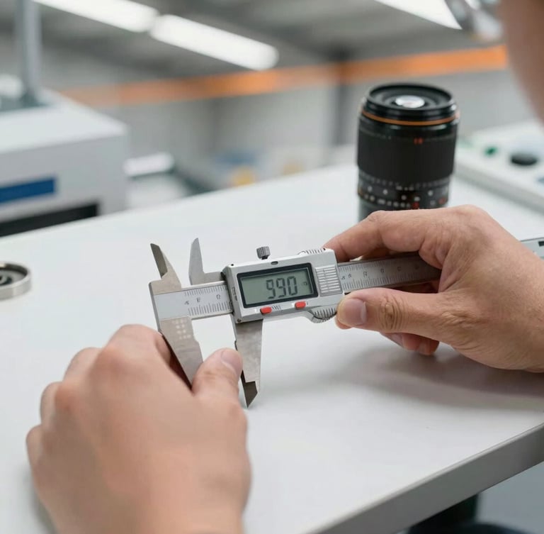 Close-up of a product quality inspection in progress on a clean slate work surface, hands holding a digital caliper measuring a component, bright daylight, 35mm lens.