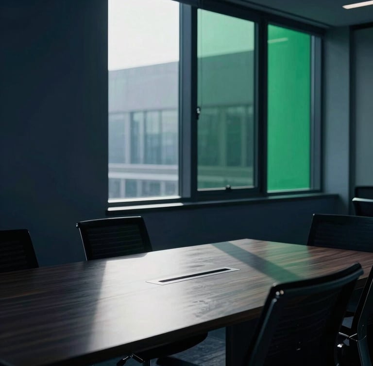 High-contrast corporate daylight filtering through glass windows onto a clean, structured office meeting table, sharp shadows, deep navy tones