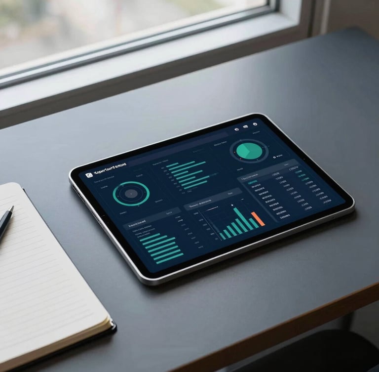 Overhead desk layout showing analytical dashboards on tablet, structured notebook, clean office window light, high contrast, sharp editorial corporate photography
