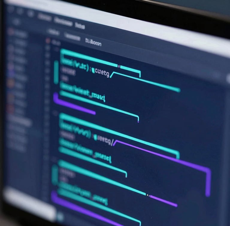 Macro close-up of a high-end display showing clean code interfaces with neon-cyan and purple data flows, sharp focus, octane render