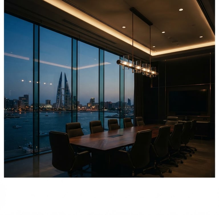 Low-key dramatic architectural lighting on a high-end corporate boardroom in Manama, floor-to-ceiling glass overlooking the Arabian Gulf at dusk, deep bronze reflections, 35mm photography