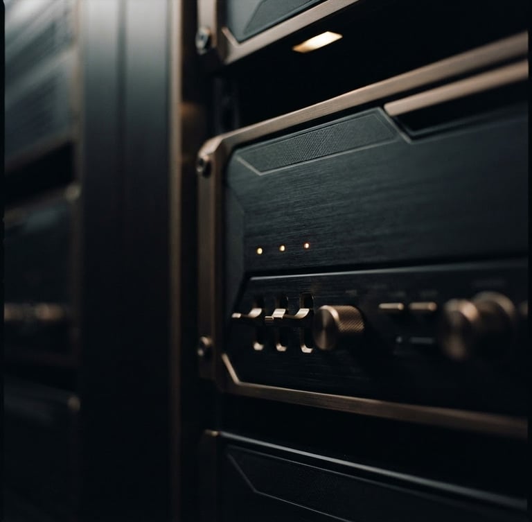 A close-up of premium physical hardware with subtle amber indicator lights, low-key dramatic architectural lighting, deep obsidian and bronze tones, 35mm