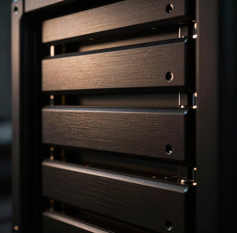 Extreme macro detail shot of premium server hardware, brushed dark obsidian metal, subtle warm bronze reflections, dramatic low-key architectural lighting.