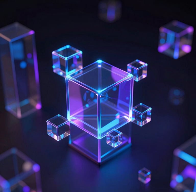 Sleek 3D render of abstract glowing digital nodes and glass structures, dark mode with neon blue and violet edge lighting, cinematic lighting, octane render